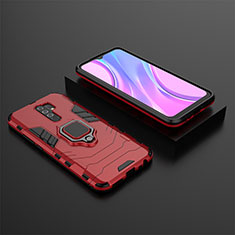 Coque Contour Silicone et Plastique Housse Etui Mat avec Magnetique Support Bague Anneau KC1 pour Xiaomi Redmi 9 Prime India Rouge