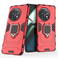 Coque Contour Silicone et Plastique Housse Etui Mat avec Magnetique Support Bague Anneau KC2 pour OnePlus 11 5G Rouge