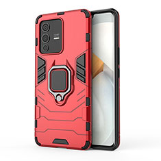 Coque Contour Silicone et Plastique Housse Etui Mat avec Magnetique Support Bague Anneau KC2 pour Vivo V23 Pro 5G Rouge