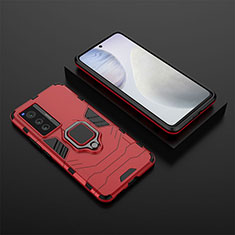 Coque Contour Silicone et Plastique Housse Etui Mat avec Magnetique Support Bague Anneau KC2 pour Vivo X70t Rouge