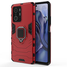 Coque Contour Silicone et Plastique Housse Etui Mat avec Magnetique Support Bague Anneau KC2 pour Xiaomi Mi 11T Pro 5G Rouge