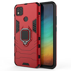 Coque Contour Silicone et Plastique Housse Etui Mat avec Magnetique Support Bague Anneau KC2 pour Xiaomi Redmi 9C NFC Rouge