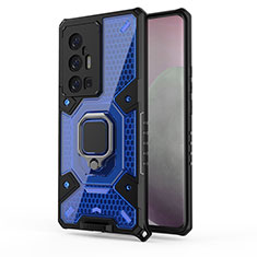 Coque Contour Silicone et Plastique Housse Etui Mat avec Magnetique Support Bague Anneau KC4 pour Vivo X70 Pro+ Plus 5G Bleu