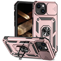 Coque Contour Silicone et Plastique Housse Etui Mat avec Magnetique Support Bague Anneau MQ1 pour Apple iPhone 15 Or Rose