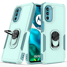 Coque Contour Silicone et Plastique Housse Etui Mat avec Magnetique Support Bague Anneau MQ1 pour Motorola Moto G82 5G Cyan