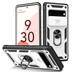 Coque Contour Silicone et Plastique Housse Etui Mat avec Magnetique Support Bague Anneau MQ5 pour Google Pixel 6 Pro 5G Blanc