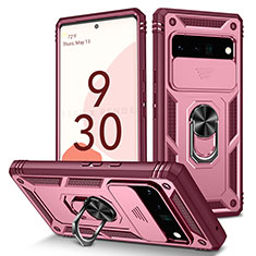 Coque Contour Silicone et Plastique Housse Etui Mat avec Magnetique Support Bague Anneau MQ5 pour Google Pixel 6 Pro 5G Rose Rouge