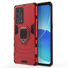 Coque Contour Silicone et Plastique Housse Etui Mat avec Magnetique Support Bague Anneau pour Oppo Reno6 Pro+ Plus 5G Rouge