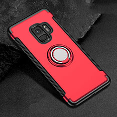 Coque Contour Silicone et Plastique Housse Etui Mat avec Magnetique Support Bague Anneau pour Samsung Galaxy S9 Rouge