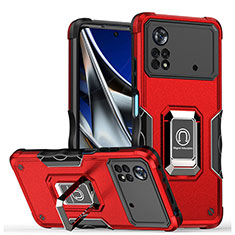 Coque Contour Silicone et Plastique Housse Etui Mat avec Magnetique Support Bague Anneau QW1 pour Xiaomi Poco M4 Pro 4G Rouge