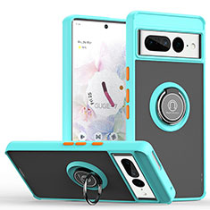 Coque Contour Silicone et Plastique Housse Etui Mat avec Magnetique Support Bague Anneau QW2 pour Google Pixel 7 Pro 5G Cyan