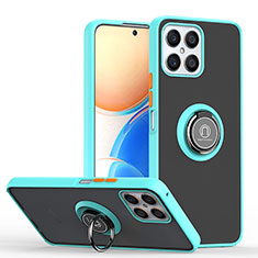 Coque Contour Silicone et Plastique Housse Etui Mat avec Magnetique Support Bague Anneau QW2 pour Huawei Honor X8 4G Cyan