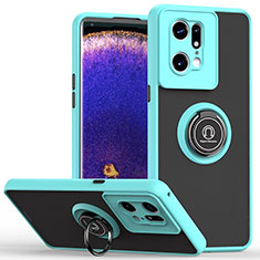 Coque Contour Silicone et Plastique Housse Etui Mat avec Magnetique Support Bague Anneau QW2 pour Oppo Find X5 Pro 5G Cyan