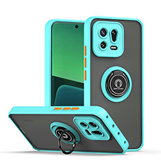 Coque Contour Silicone et Plastique Housse Etui Mat avec Magnetique Support Bague Anneau QW2 pour Xiaomi Mi 13 Pro 5G Cyan