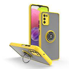 Coque Contour Silicone et Plastique Housse Etui Mat avec Magnetique Support Bague Anneau QW3 pour Samsung Galaxy A03s Jaune