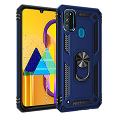 Coque Contour Silicone et Plastique Housse Etui Mat avec Magnetique Support Bague Anneau QW3 pour Samsung Galaxy M21 Bleu