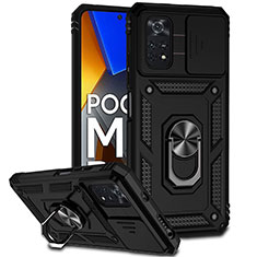 Coque Contour Silicone et Plastique Housse Etui Mat avec Magnetique Support Bague Anneau QW3 pour Xiaomi Poco M4 Pro 4G Noir