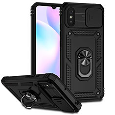 Coque Contour Silicone et Plastique Housse Etui Mat avec Magnetique Support Bague Anneau QW3 pour Xiaomi Redmi 9A Noir