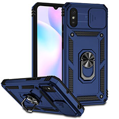 Coque Contour Silicone et Plastique Housse Etui Mat avec Magnetique Support Bague Anneau QW3 pour Xiaomi Redmi 9AT Bleu