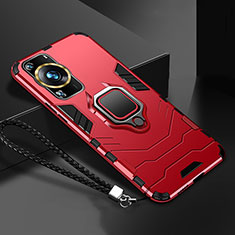 Coque Contour Silicone et Plastique Housse Etui Mat avec Magnetique Support Bague Anneau R01 pour Huawei P60 Pro Rouge