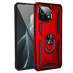 Coque Contour Silicone et Plastique Housse Etui Mat avec Magnetique Support Bague Anneau R01 pour Xiaomi Mi 11 Lite 4G Rouge