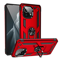 Coque Contour Silicone et Plastique Housse Etui Mat avec Magnetique Support Bague Anneau R02 pour Xiaomi Mi 11 Lite 4G Rouge