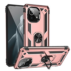 Coque Contour Silicone et Plastique Housse Etui Mat avec Magnetique Support Bague Anneau R02 pour Xiaomi Mi 11 Lite 5G NE Or Rose