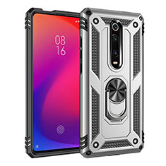 Coque Contour Silicone et Plastique Housse Etui Mat avec Magnetique Support Bague Anneau R02 pour Xiaomi Redmi K20 Argent