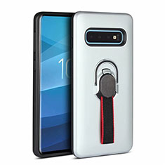 Coque Contour Silicone et Plastique Housse Etui Mat avec Magnetique Support Bague Anneau R03 pour Samsung Galaxy S10 Blanc