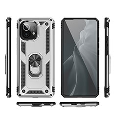 Coque Contour Silicone et Plastique Housse Etui Mat avec Magnetique Support Bague Anneau R03 pour Xiaomi Mi 11 Lite 4G Argent