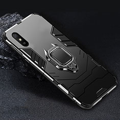 Coque Contour Silicone et Plastique Housse Etui Mat avec Magnetique Support Bague Anneau R03 pour Xiaomi Redmi 9A Noir