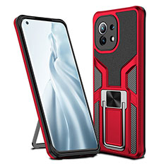 Coque Contour Silicone et Plastique Housse Etui Mat avec Magnetique Support Bague Anneau R04 pour Xiaomi Mi 11 Lite 5G NE Rouge