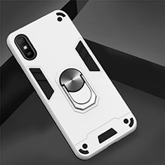 Coque Contour Silicone et Plastique Housse Etui Mat avec Magnetique Support Bague Anneau R04 pour Xiaomi Redmi 9A Blanc