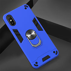 Coque Contour Silicone et Plastique Housse Etui Mat avec Magnetique Support Bague Anneau R04 pour Xiaomi Redmi 9A Bleu