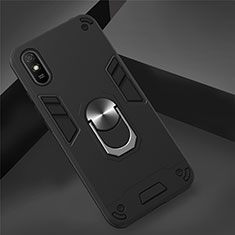 Coque Contour Silicone et Plastique Housse Etui Mat avec Magnetique Support Bague Anneau R04 pour Xiaomi Redmi 9A Noir