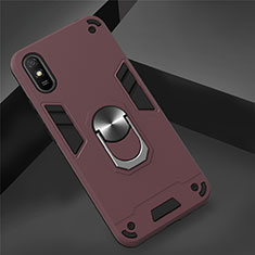 Coque Contour Silicone et Plastique Housse Etui Mat avec Magnetique Support Bague Anneau R04 pour Xiaomi Redmi 9A Vin Rouge