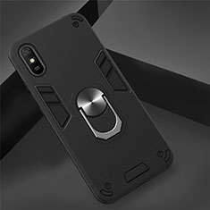 Coque Contour Silicone et Plastique Housse Etui Mat avec Magnetique Support Bague Anneau R04 pour Xiaomi Redmi 9i Noir