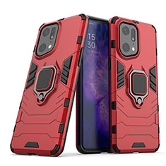 Coque Contour Silicone et Plastique Housse Etui Mat avec Magnetique Support Bague Anneau S01 pour Oppo Find X5 Pro 5G Rouge