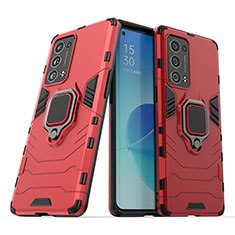 Coque Contour Silicone et Plastique Housse Etui Mat avec Magnetique Support Bague Anneau S01 pour Oppo Reno6 Pro+ Plus 5G Rouge