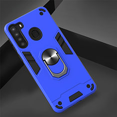 Coque Contour Silicone et Plastique Housse Etui Mat avec Magnetique Support Bague Anneau S01 pour Samsung Galaxy A21 Bleu