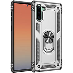 Coque Contour Silicone et Plastique Housse Etui Mat avec Magnetique Support Bague Anneau S01 pour Samsung Galaxy Note 10 Argent