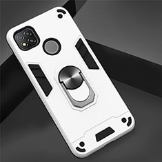 Coque Contour Silicone et Plastique Housse Etui Mat avec Magnetique Support Bague Anneau S01 pour Xiaomi Redmi 9 India Blanc