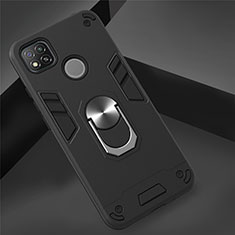 Coque Contour Silicone et Plastique Housse Etui Mat avec Magnetique Support Bague Anneau S01 pour Xiaomi Redmi 9 India Noir