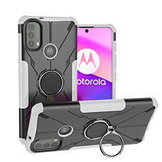 Coque Contour Silicone et Plastique Housse Etui Mat avec Magnetique Support Bague Anneau S02 pour Motorola Moto E30 Blanc