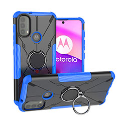 Coque Contour Silicone et Plastique Housse Etui Mat avec Magnetique Support Bague Anneau S02 pour Motorola Moto E30 Bleu