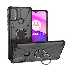 Coque Contour Silicone et Plastique Housse Etui Mat avec Magnetique Support Bague Anneau S02 pour Motorola Moto E30 Noir