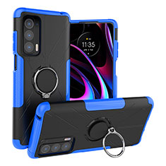 Coque Contour Silicone et Plastique Housse Etui Mat avec Magnetique Support Bague Anneau S02 pour Motorola Moto Edge (2021) 5G Bleu