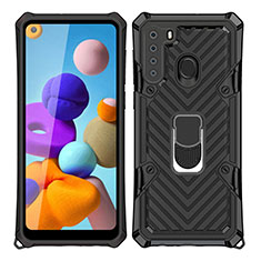 Coque Contour Silicone et Plastique Housse Etui Mat avec Magnetique Support Bague Anneau S02 pour Samsung Galaxy A21 Noir