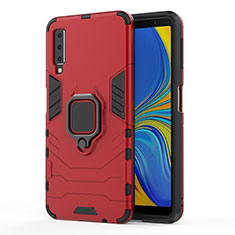 Coque Contour Silicone et Plastique Housse Etui Mat avec Magnetique Support Bague Anneau S02 pour Samsung Galaxy A7 (2018) A750 Rouge