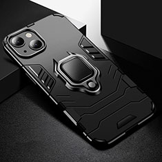 Coque Contour Silicone et Plastique Housse Etui Mat avec Magnetique Support Bague Anneau S03 pour Apple iPhone 15 Noir